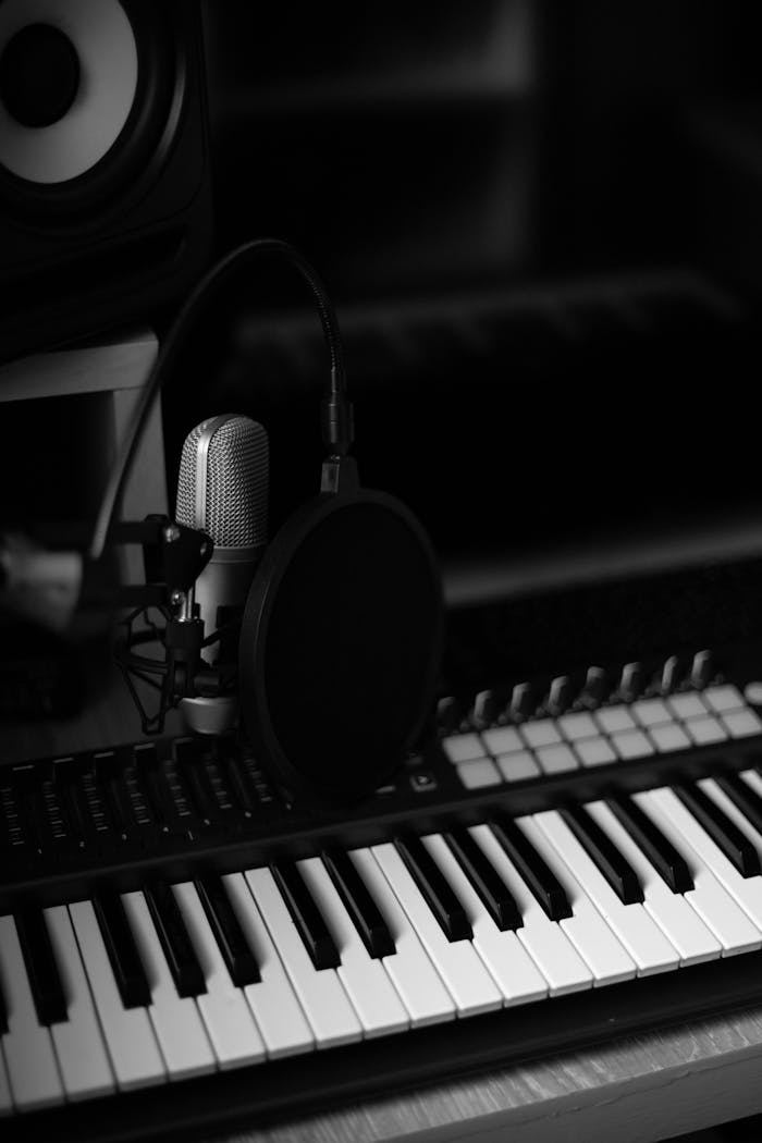 Elegant black and white image of a music studio with a microphone and synthesizer keyboard.