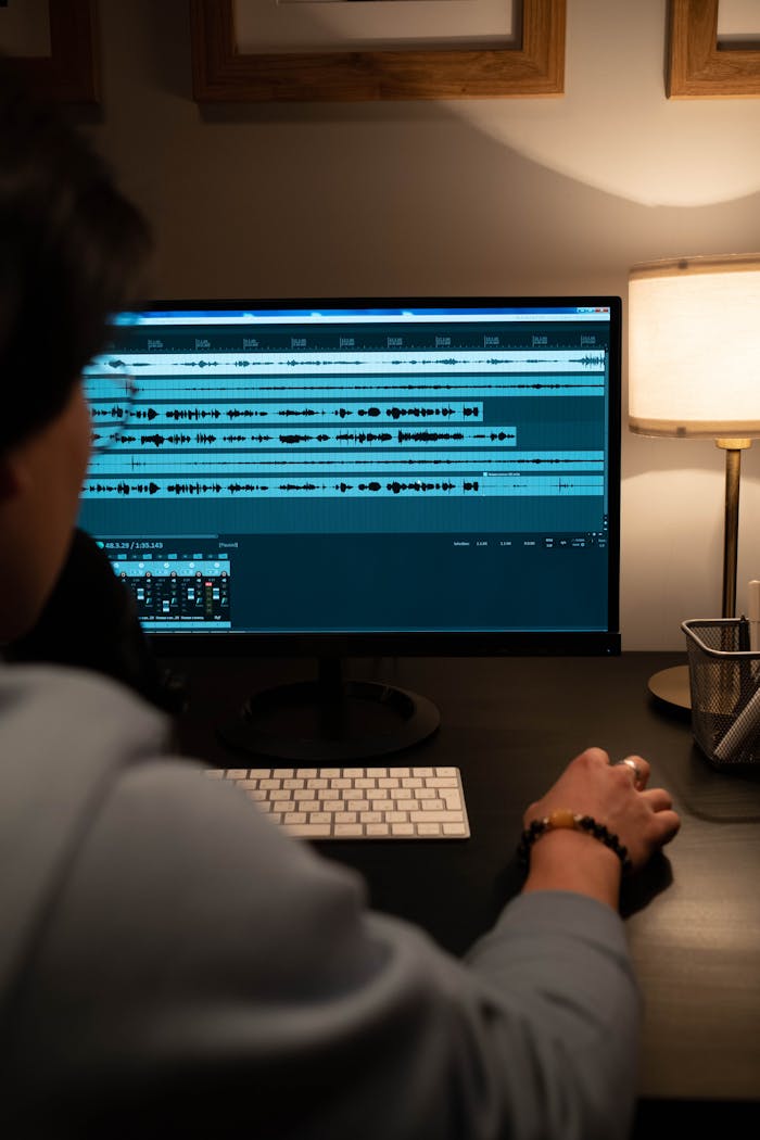 Sound engineer editing audio tracks on a computer monitor in a modern recording studio.